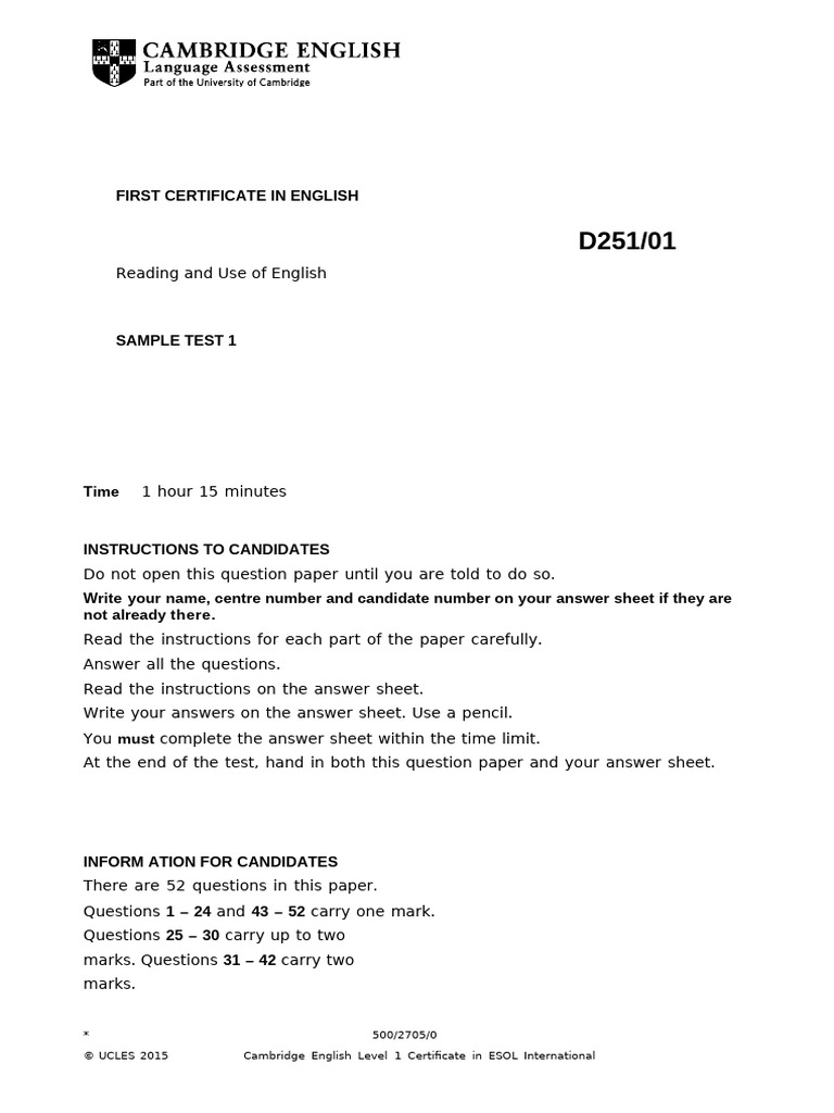 First Certificate English Sample Test 1 | PDF | Dances | Ballet