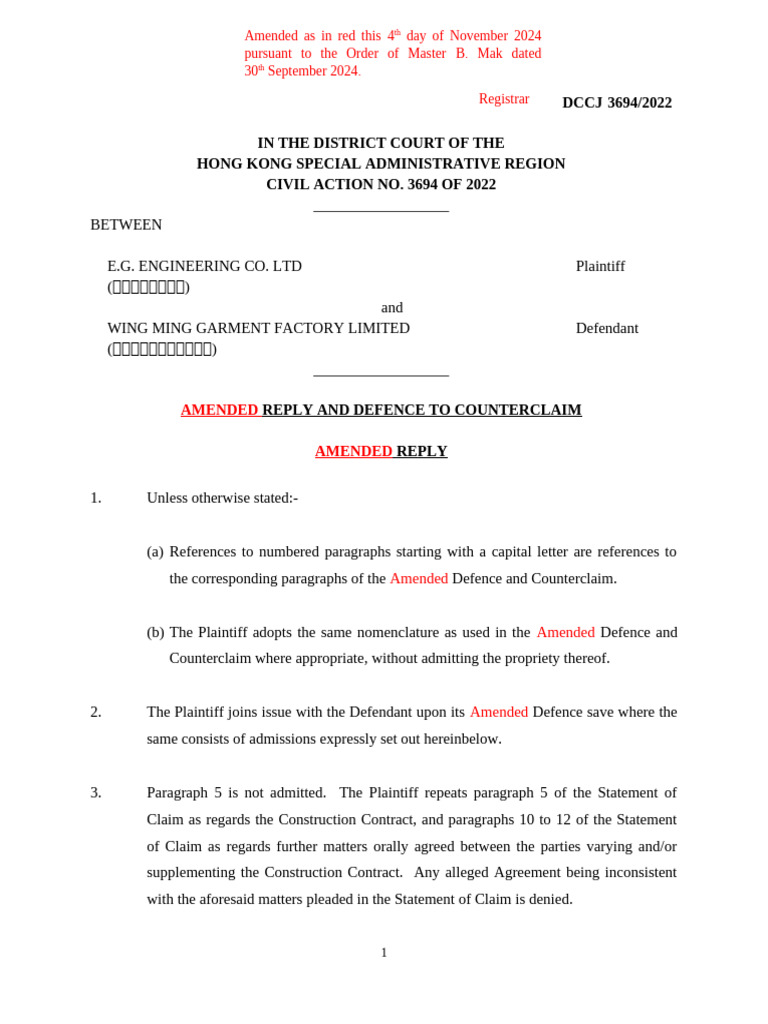 Amended Defence in E.G. Engineering Case | PDF | Cause Of Action | Lawsuit