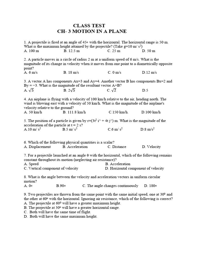 Class Test on Motion in a Plane | PDF | Acceleration | Velocity