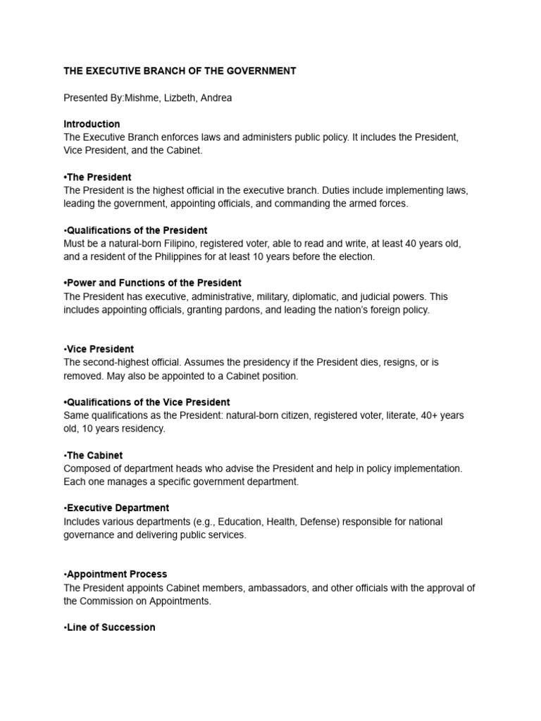 Overview of the Executive Branch | PDF