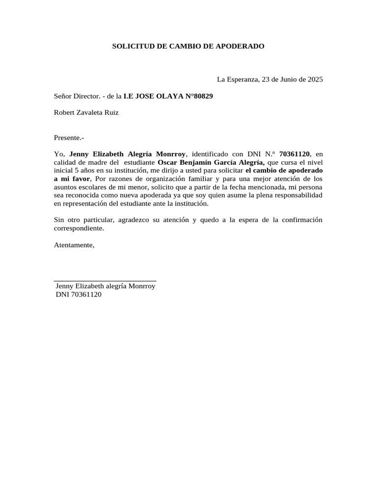 Solicitud de Cambio de Apoderado Escolar | PDF