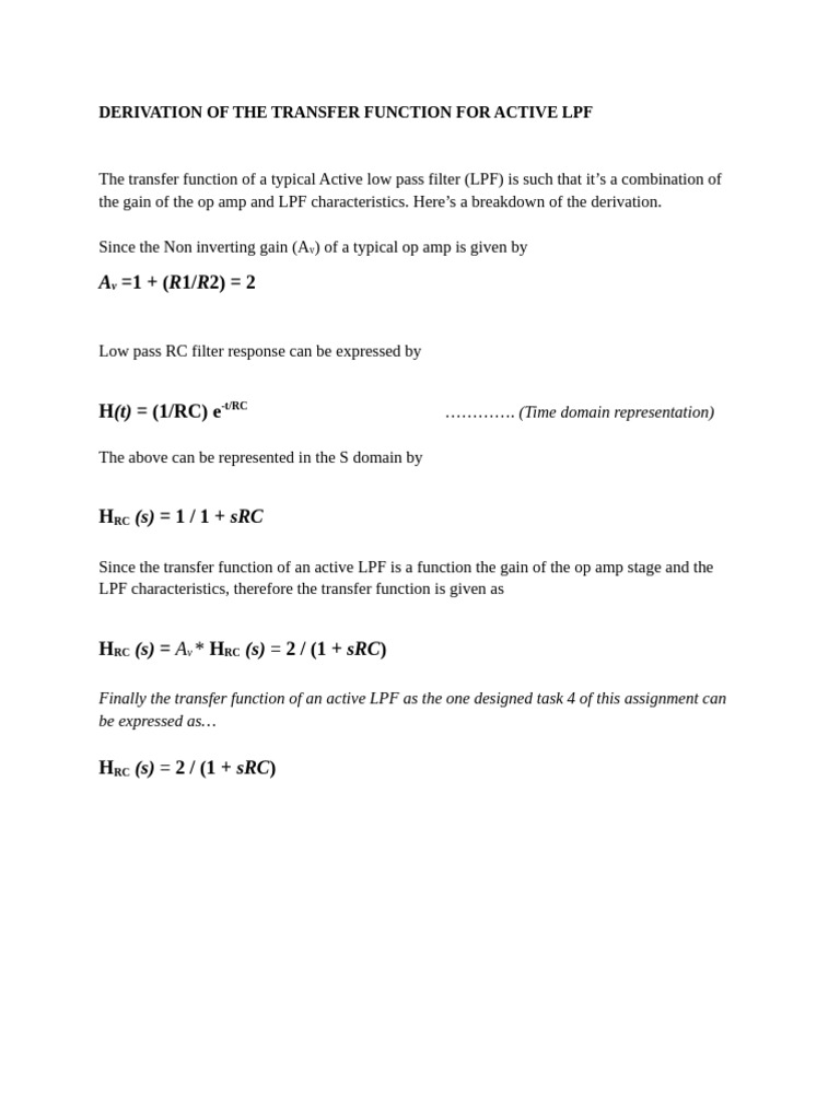 Derivation of LPF and HPF Transfer Function | PDF