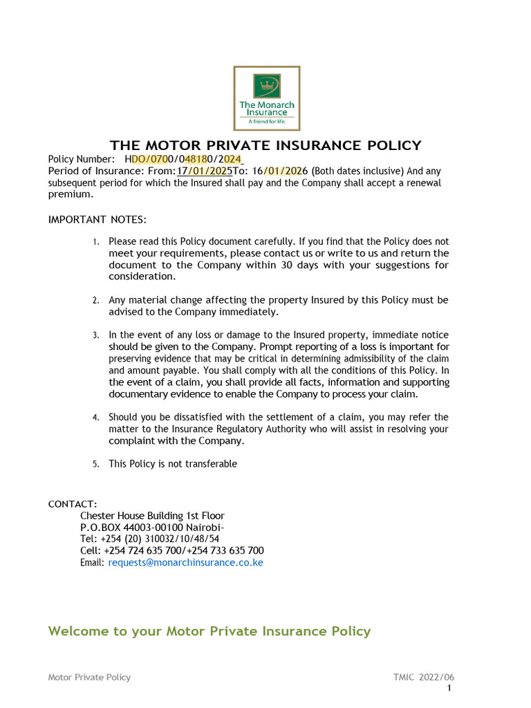 Motor Private Insurance Policy Overview | PDF | Insurance | Indemnity