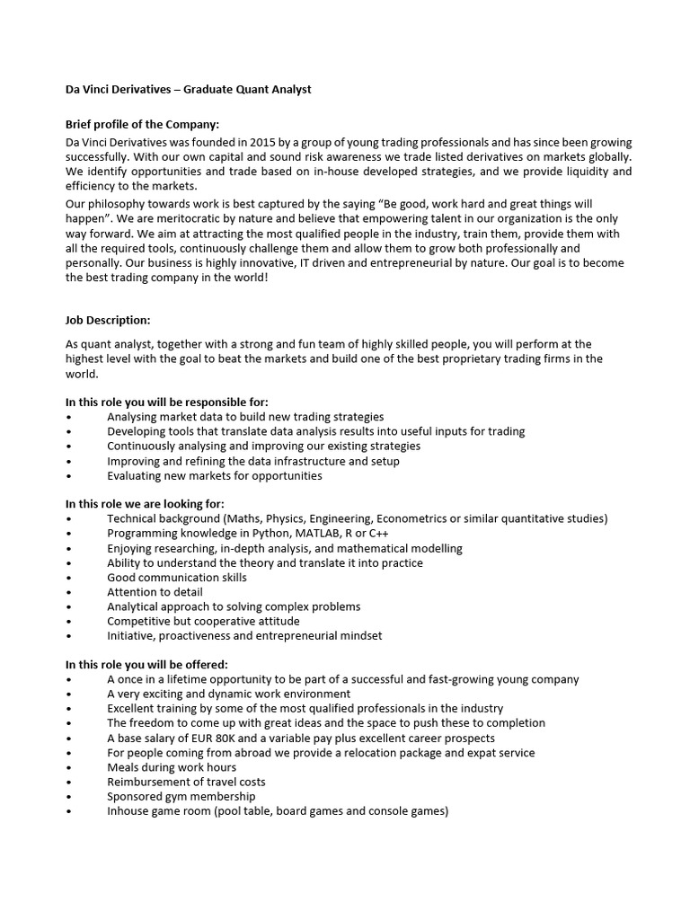 Da Vinci Graduate Quant Analyst Role | PDF