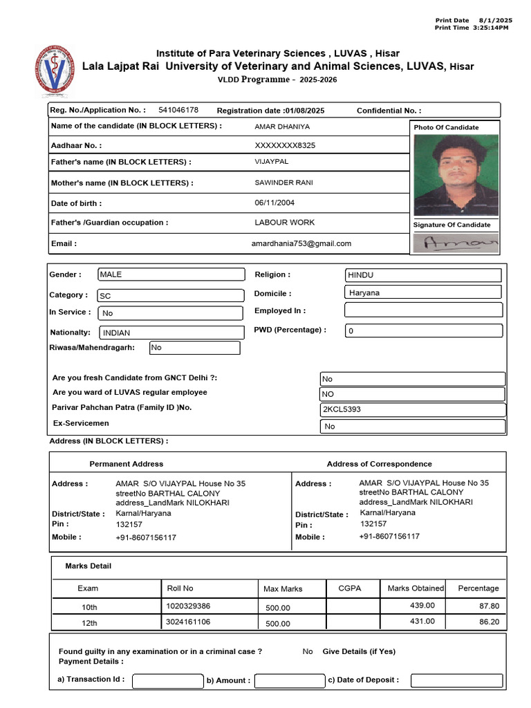 LUVAS VLDD Admission Application 2025 | PDF