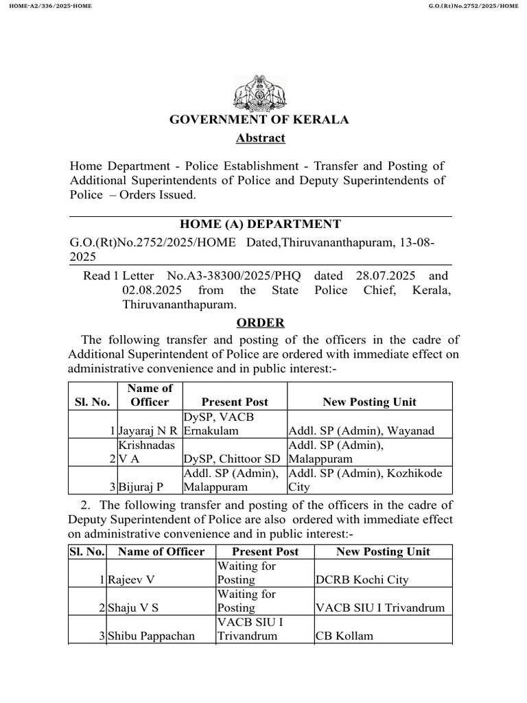 Kerala Police DySP Transfers 2025 | PDF | Legal Action | Ranks