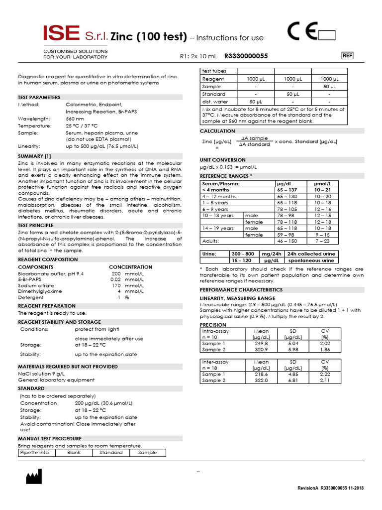 Zinc Test Kit Instructions for Use | PDF | Blood Plasma | Biochemistry