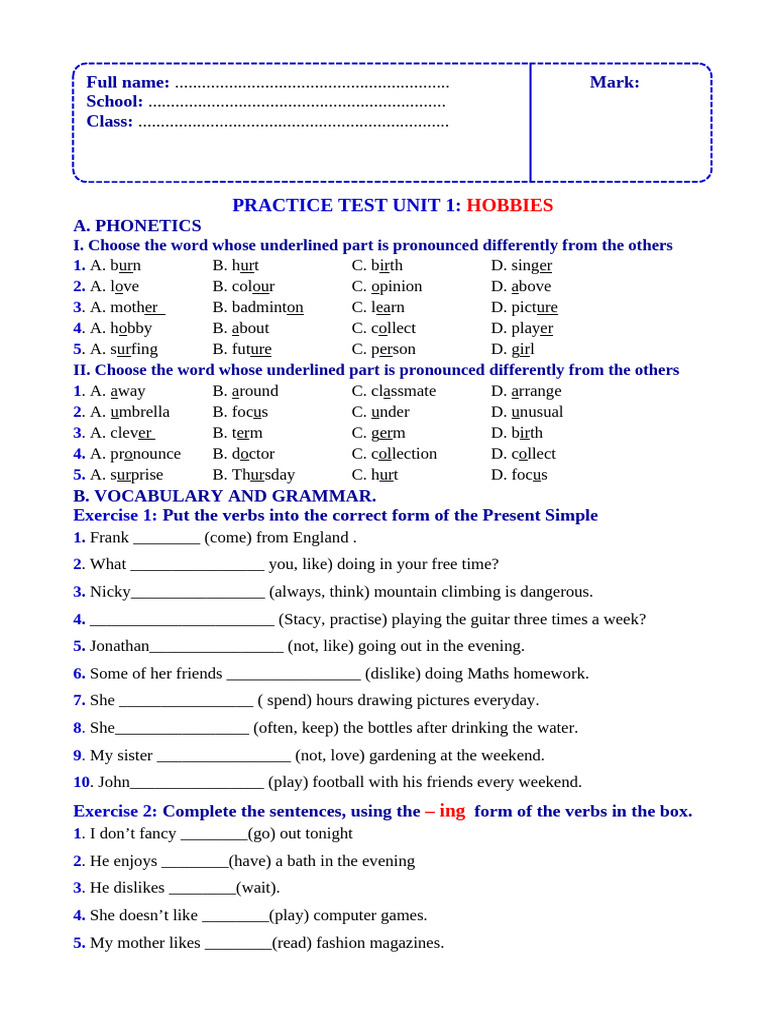 Unit 1 Hobbies Review for Grade 7 | PDF