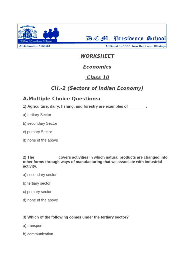 Sectors of Indian Economy Worksheet | PDF | Gross Domestic Product ...