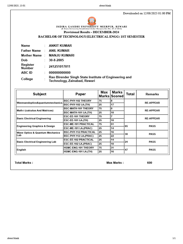 December 2024 B.Tech 1st Sem Results | PDF | Physical Sciences ...