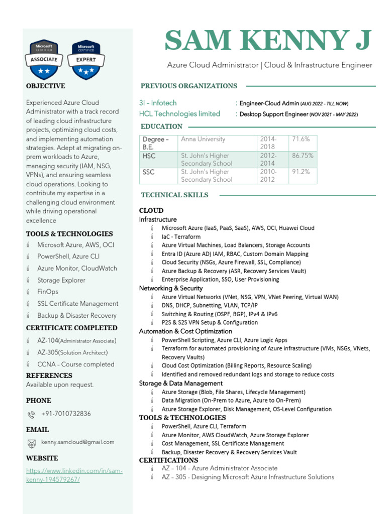 Azure Cloud Administrator Resume | PDF | Cloud Computing | Microsoft Azure