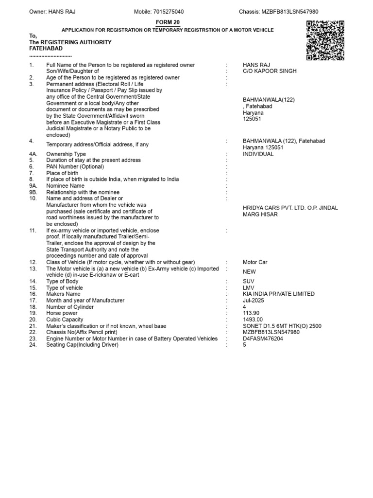 Vehicle Registration Application Form | PDF | Semi Trailer Truck | Axle