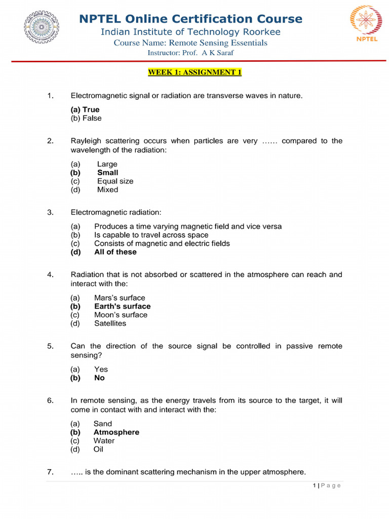 NPTEL Remote Sensing Essentials Assignment 1 To 12 | PDF