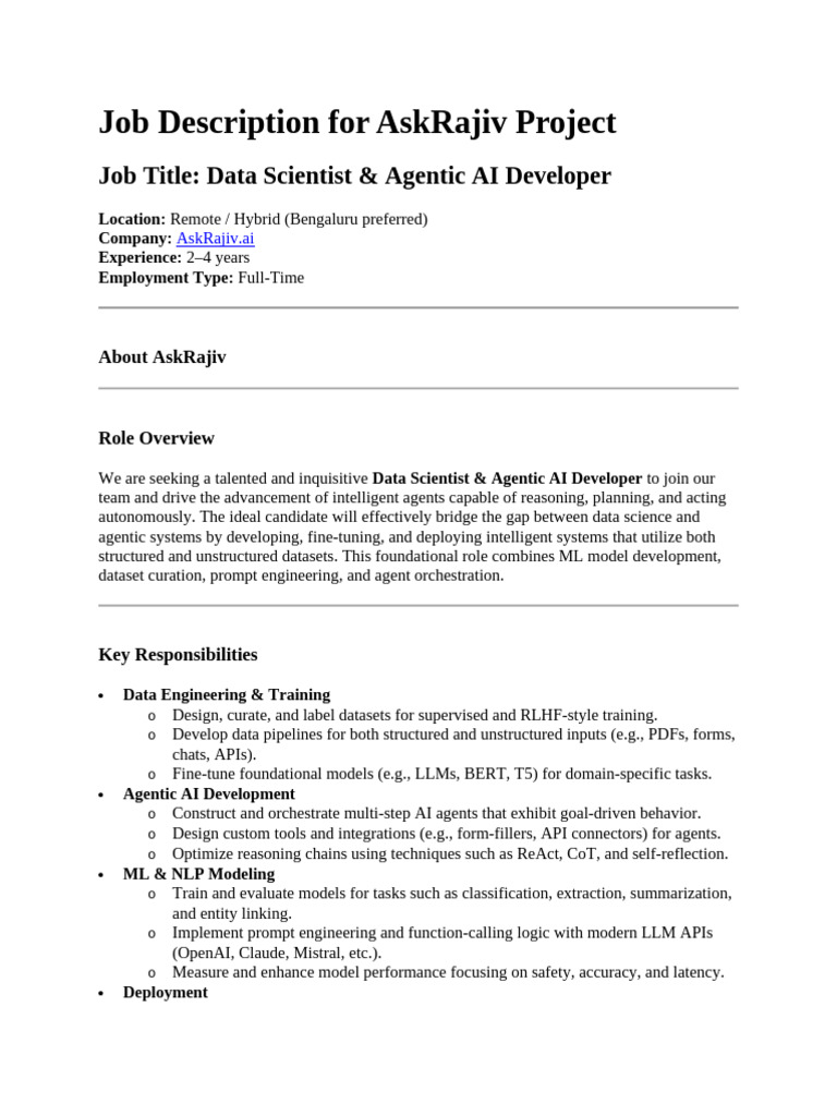 Data Scientist & AI Developer Job at AskRajiv | PDF | Artificial ...