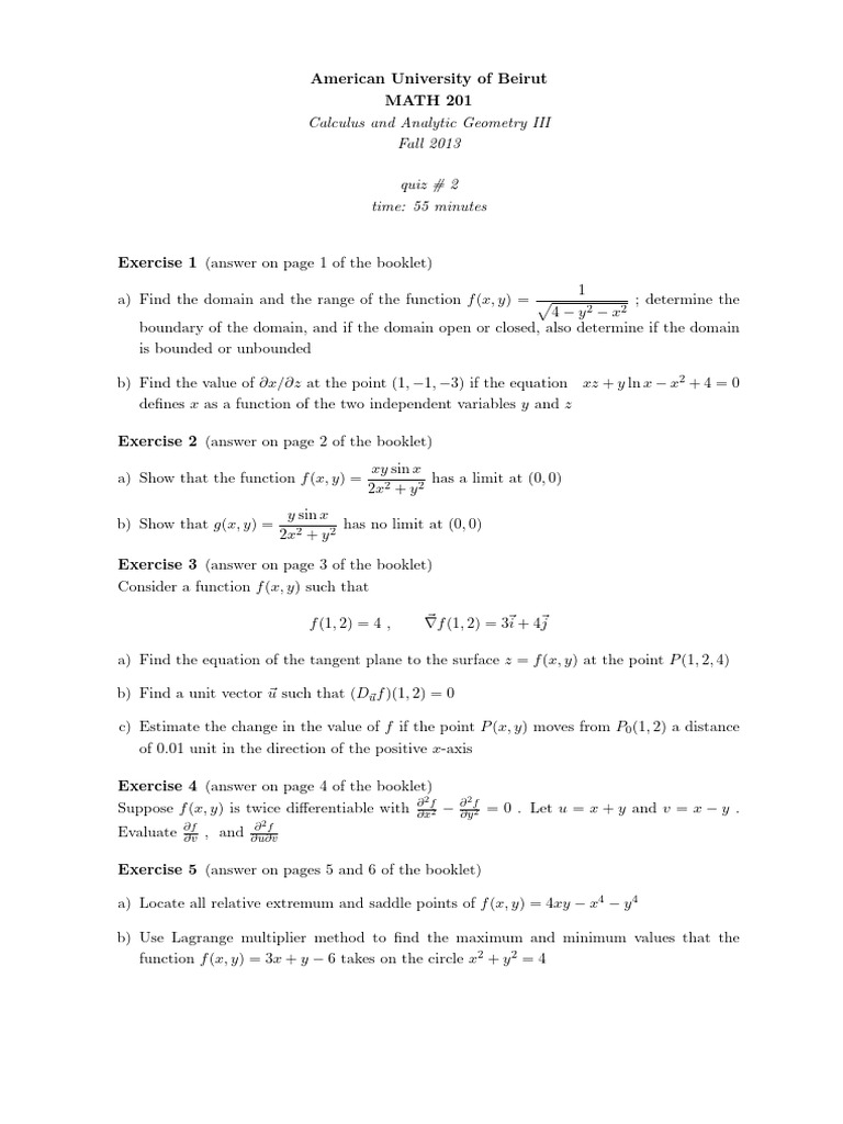 AUB MATH 201 Calculus Quiz Solutions | PDF