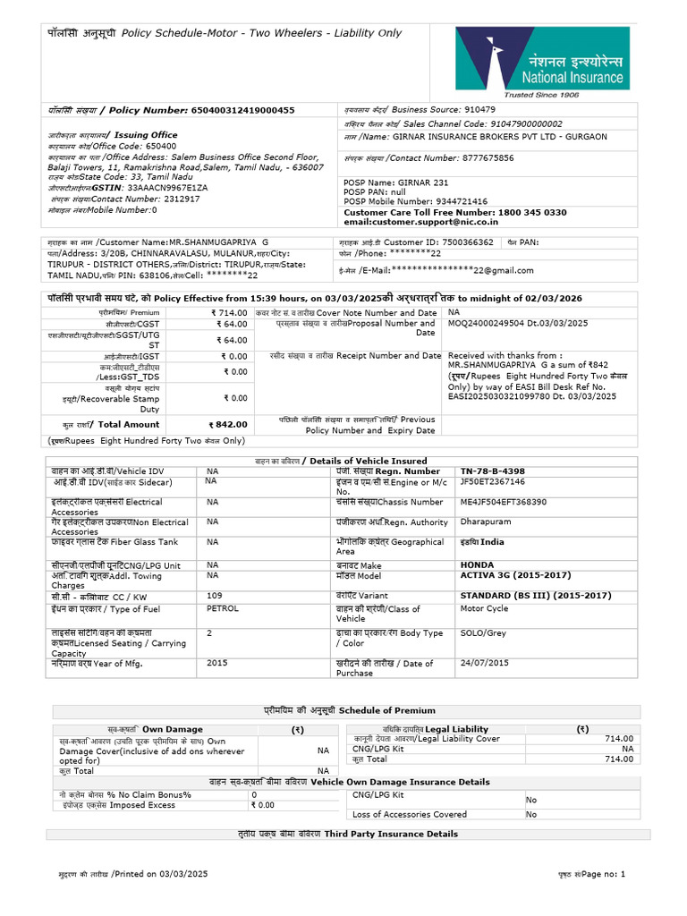 Policy Number:: Policy Schedule-Motor - Two Wheelers - Liability Only | PDF