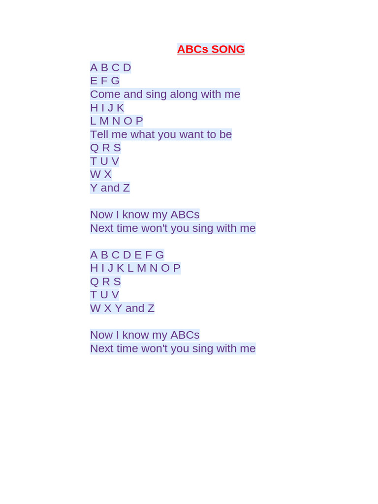 ABC Song Lyrics for Children | PDF