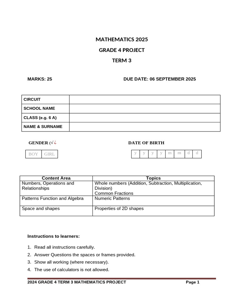 Grade 4 Term 3 Maths Project 2025 | PDF | Elementary Mathematics ...