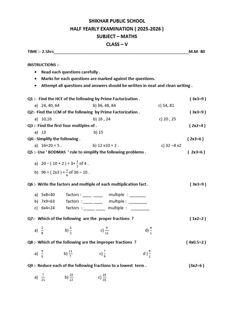 Class 5 Maths Half Yearly Exam 2025 | PDF | Arithmetic | Number Theory