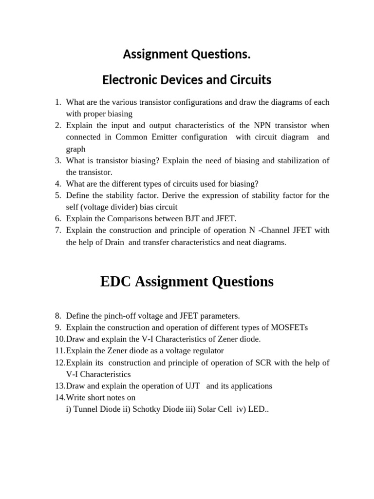 Electronic Devices and Circuits Assignment Questions | PDF