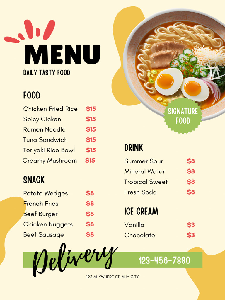 Yellow Playful Tasty Food Menu A4 | PDF