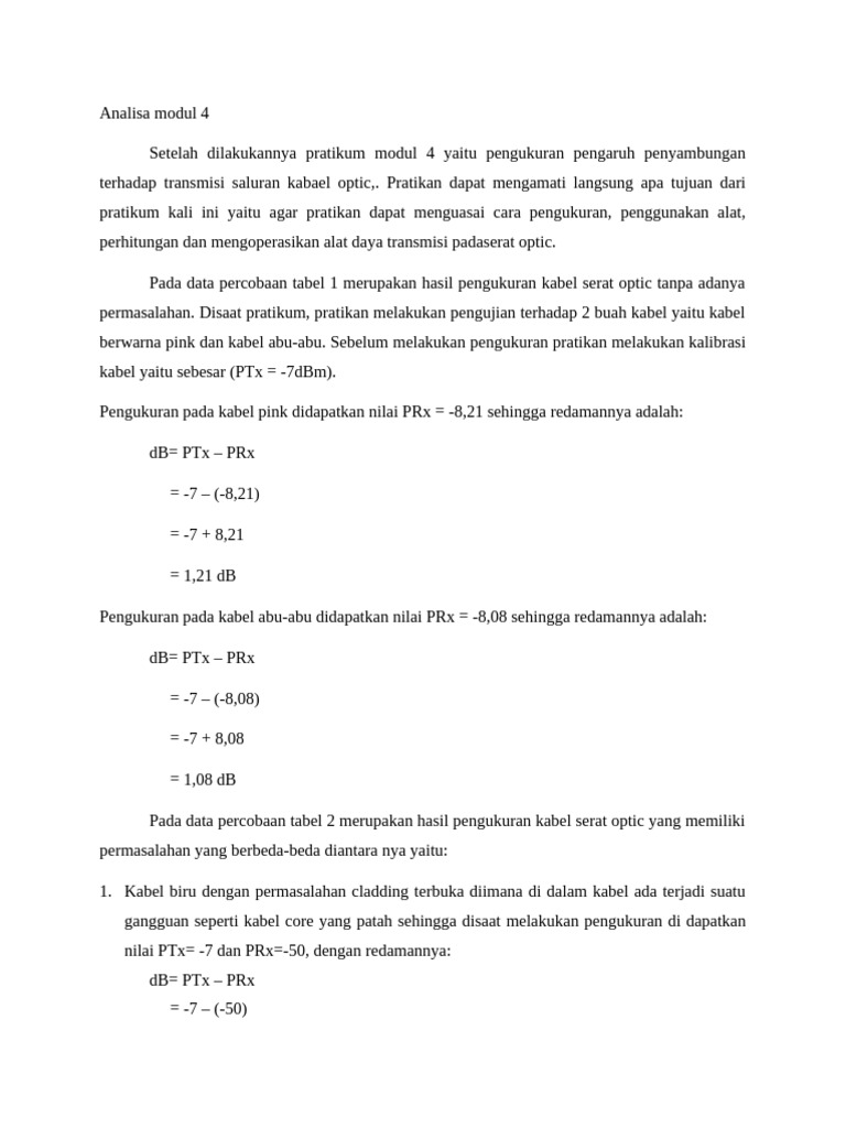 Analisis Redaman Kabel Optik Modul 4-6 | PDF