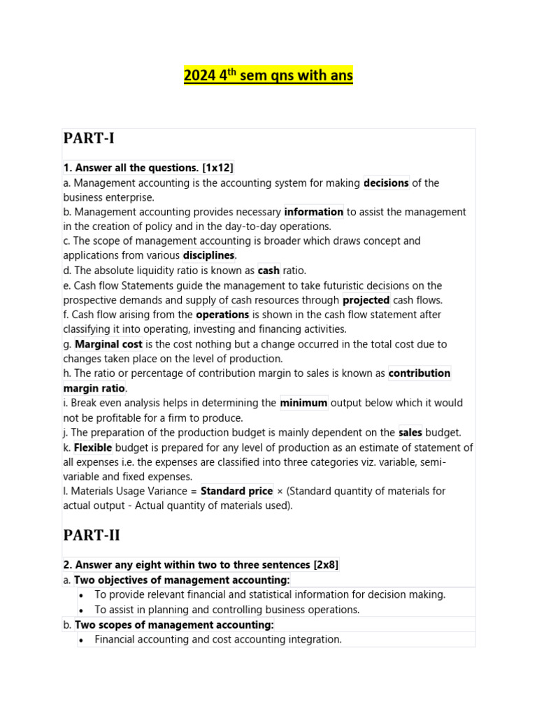 Management Acc 2024 4th Sem Qns With Ans | PDF | Cash Flow Statement ...