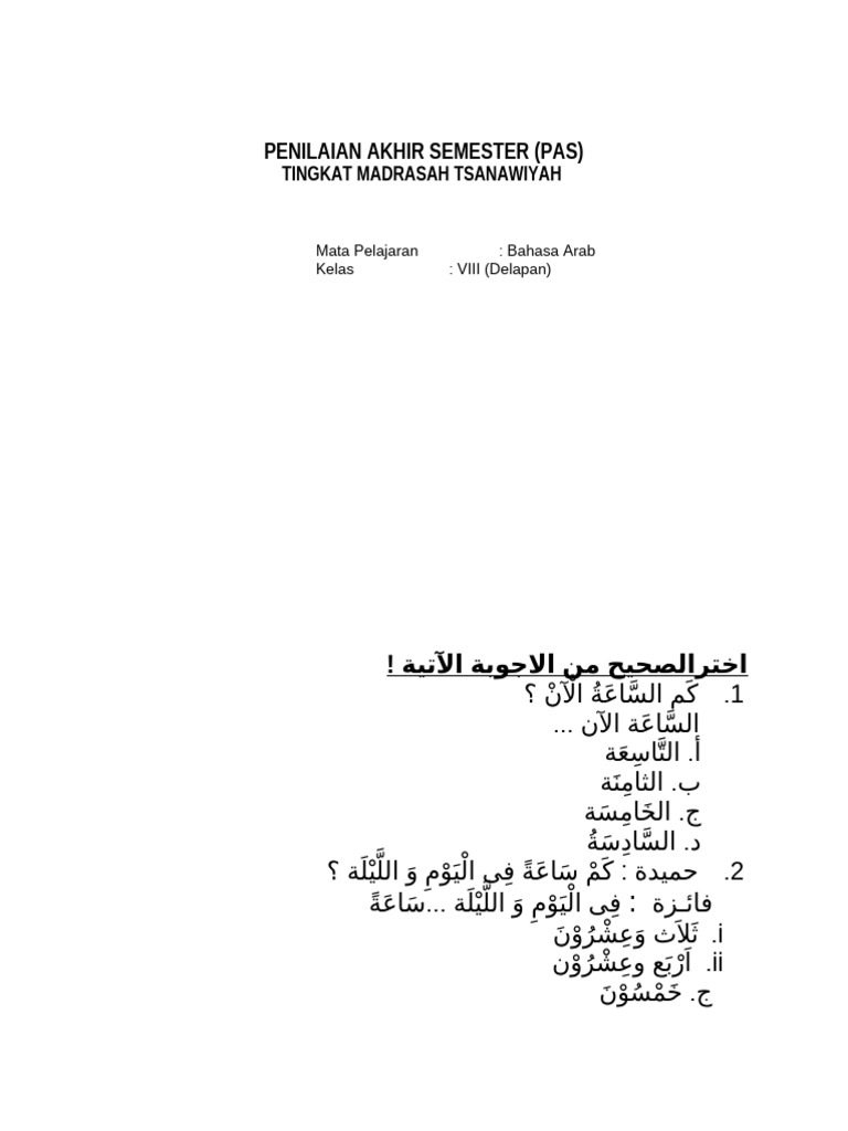 Soal Bahasa Arab Kelas Viii Mts Semester 1 | PDF
