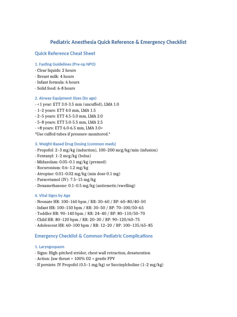 Pediatric Anesthesia Cheat Sheet and Emergency Checklist | PDF