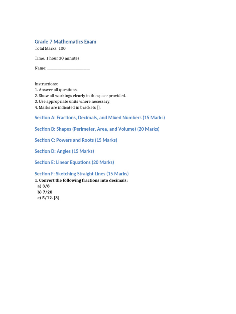 Grade7 Math Exam New | PDF | Area | Volume
