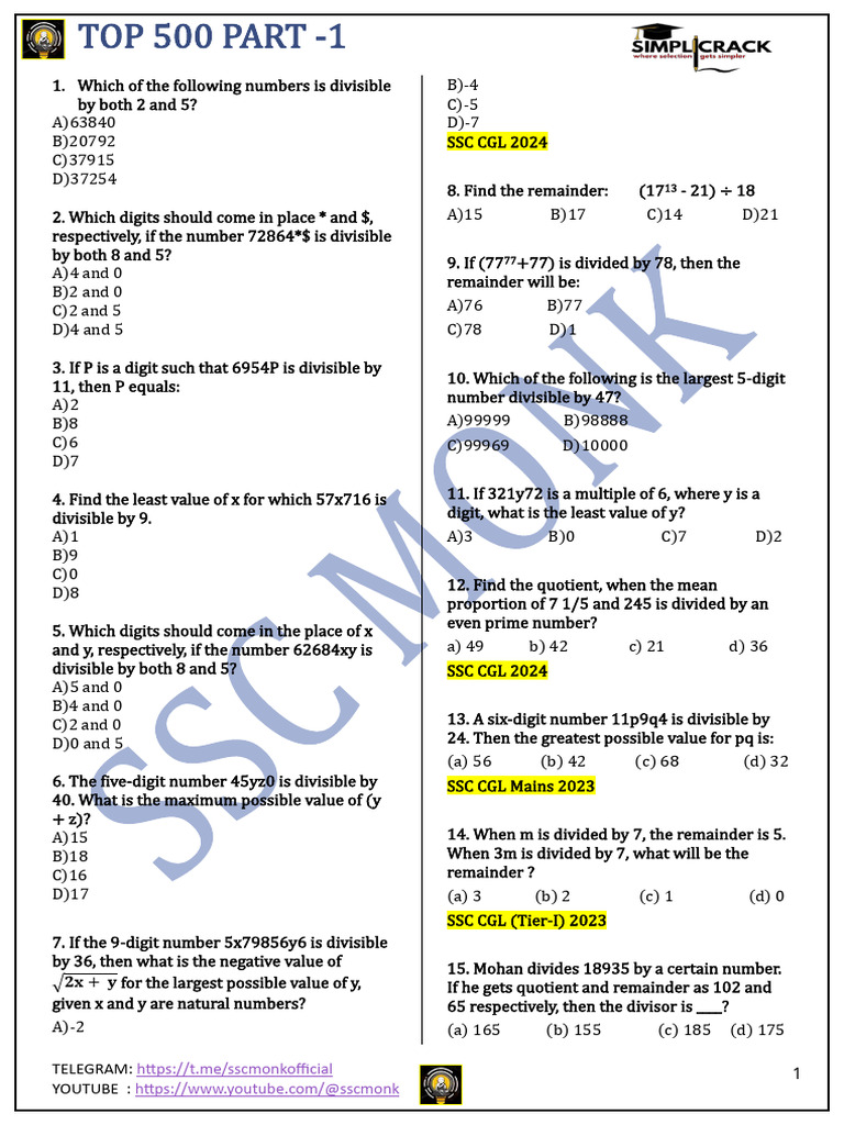 SSC CGL 2024: Top 500 Math Questions | PDF | Discrete Mathematics ...