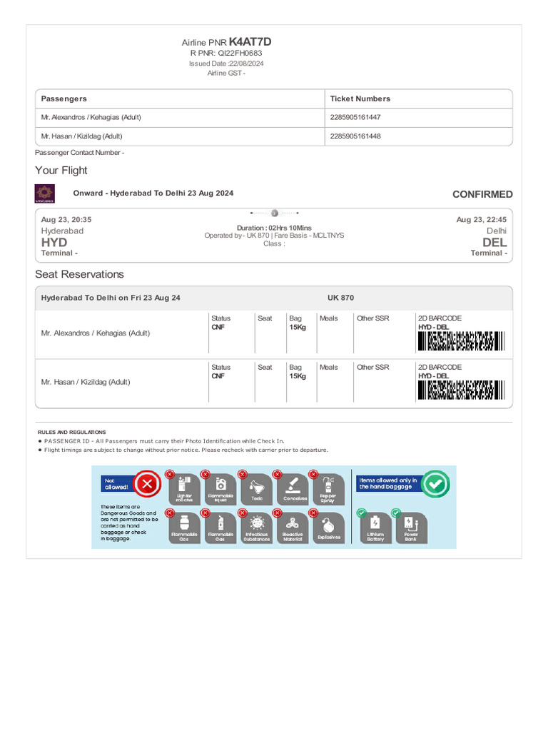 Hyderabad To Delhi 23 Aug 2024 | PDF | Aviation | Airlines