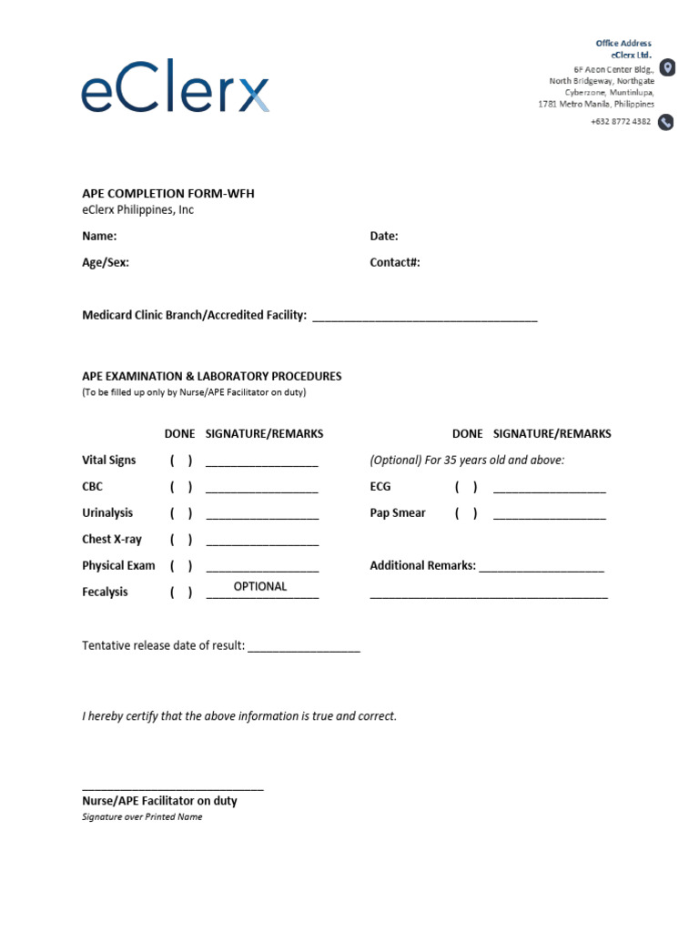 APE Completion Form - eClerx Philippines | PDF