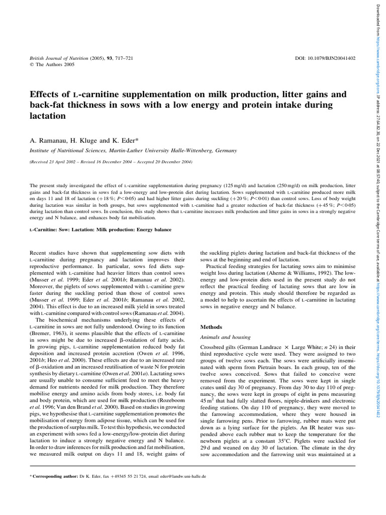 Effects of L Carnitine Supplementation On Milk Production Litter Gains ...