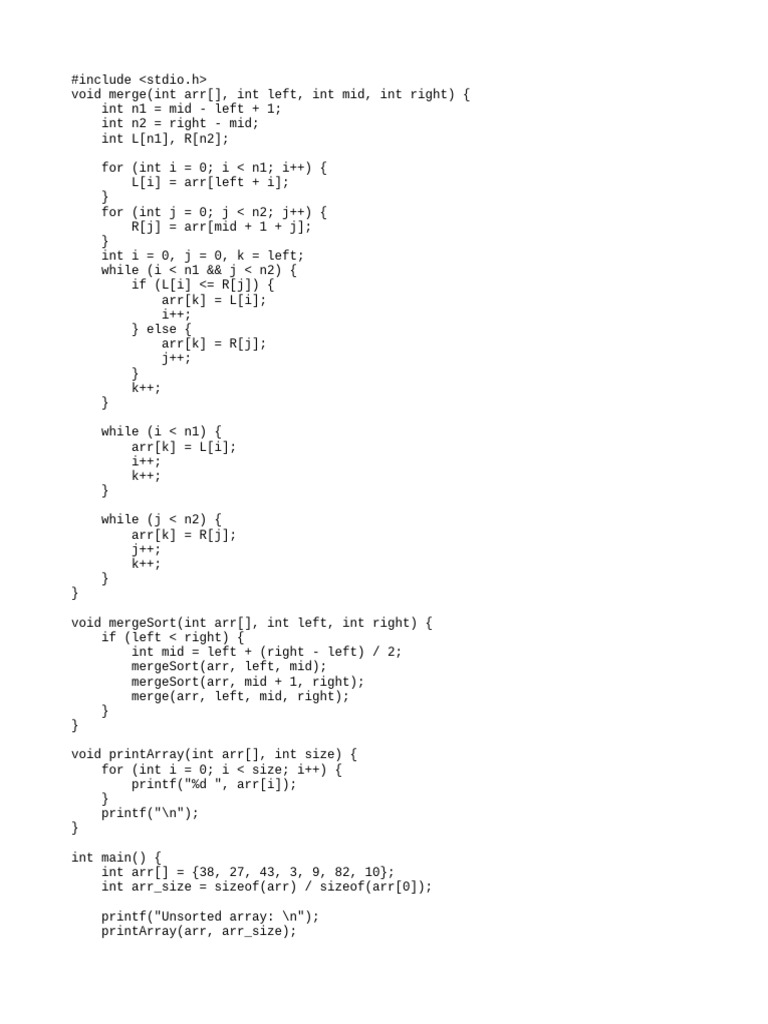 C Merge Sort Algorithm Example | PDF
