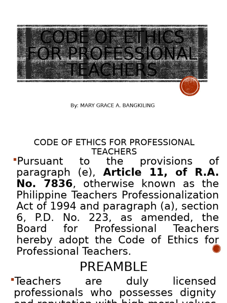 Bangkiling Code of Ethics For Professional Teachers | PDF | Teachers