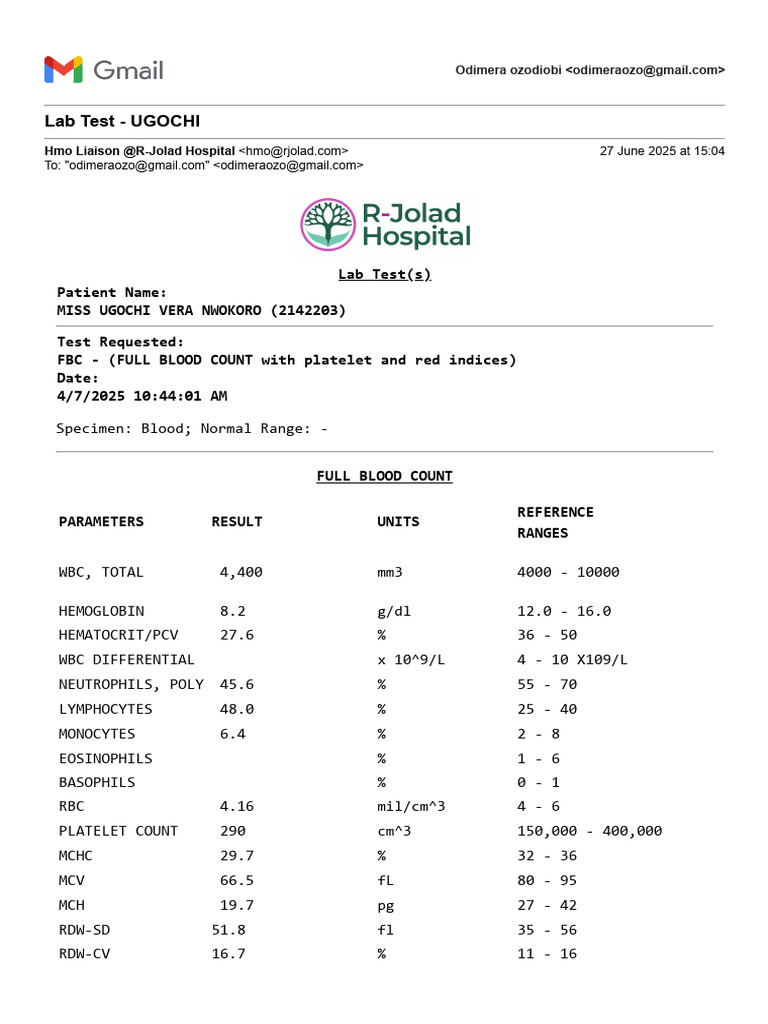Lab Test Results for Ugochi Nwokoro | PDF | Clinical Medicine | Medical ...