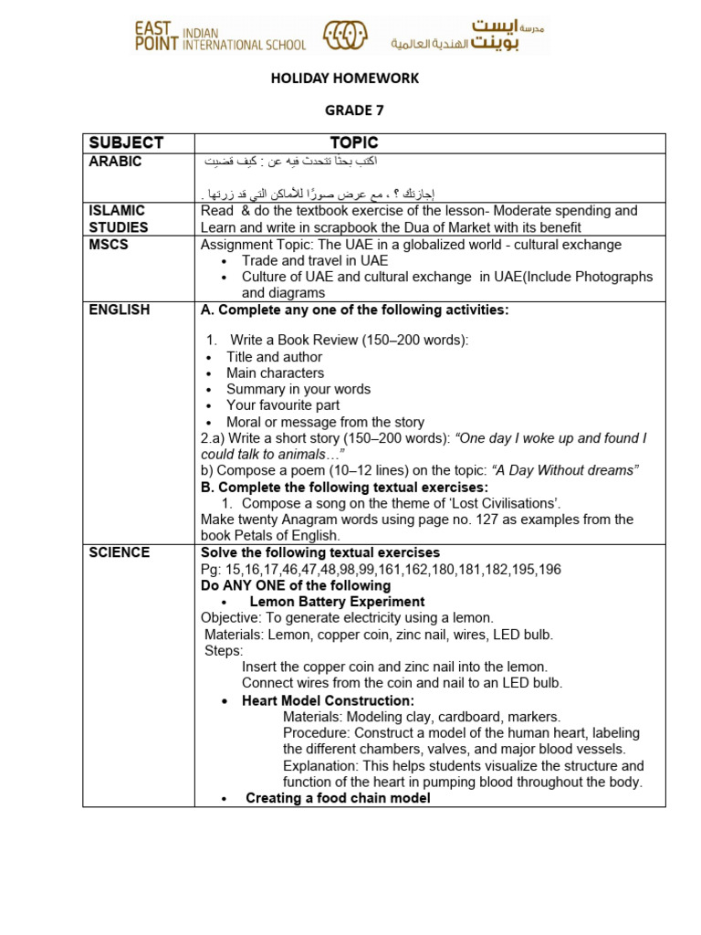 Holiday Homework-Grade 7 | PDF