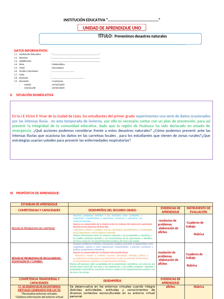 Unidad 1 Mate-2025 - 1° Ie Vev - Llata | PDF | Aprendizaje | Número natural