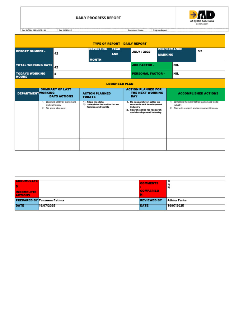 Dad-Dpr-Tanzeem Fatima-Daily Report 16 July | PDF