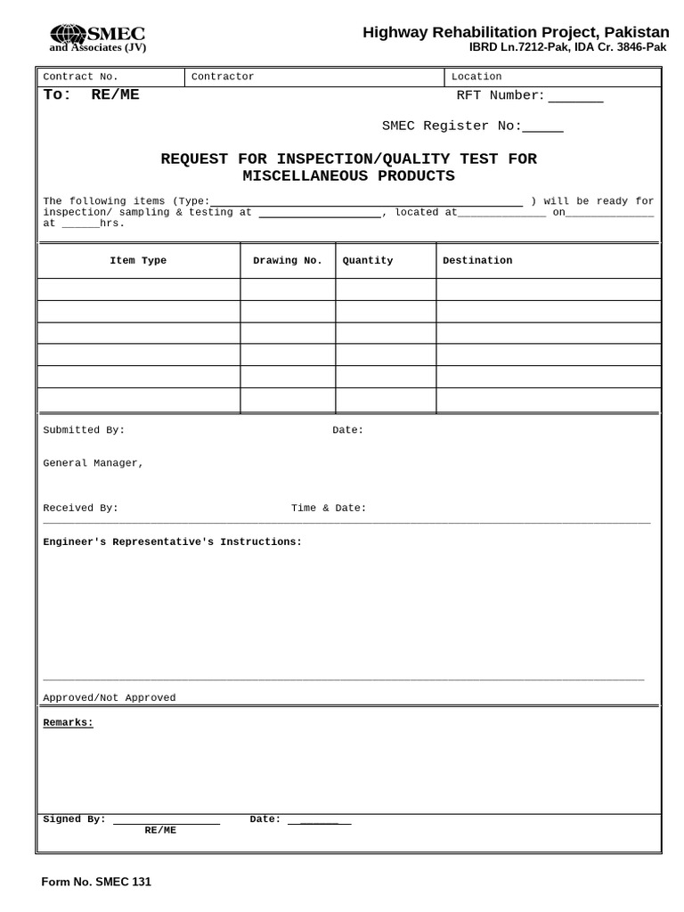 Highway Rehabilitation Quality Inspection Request | PDF