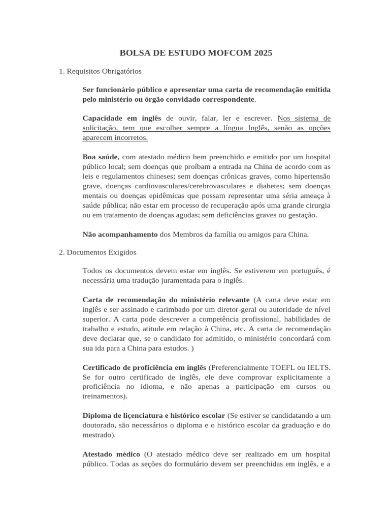 Bolsa de Estudo MOFCOM 2025: Requisitos e Processo | PDF | China ...