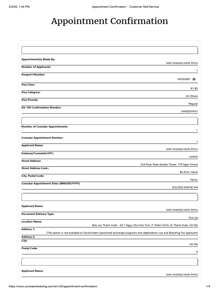 U.S. Visa Appointment Confirmation | PDF | Identity Document | Passport