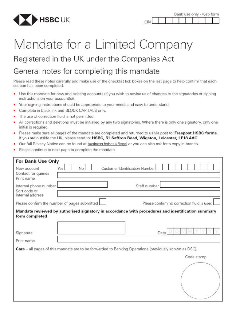 HSBC Limited Company Mandate Form | PDF | Identity Document | Banks