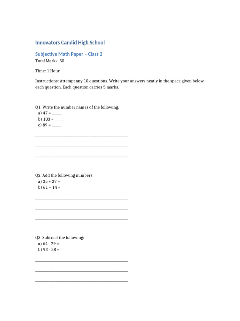 Class 2 Subjective Math Exam Paper | PDF | Mathematics