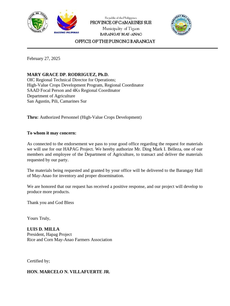 Authorization Letter for Rice Seeds | PDF