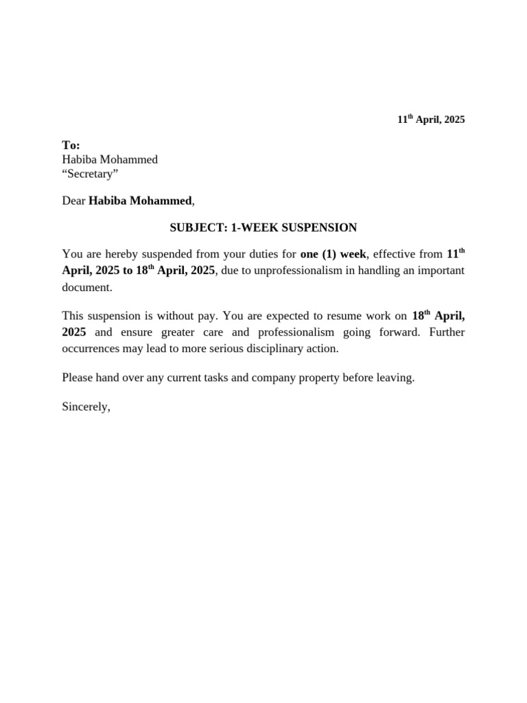1-Week Suspension Notice for Employee | PDF