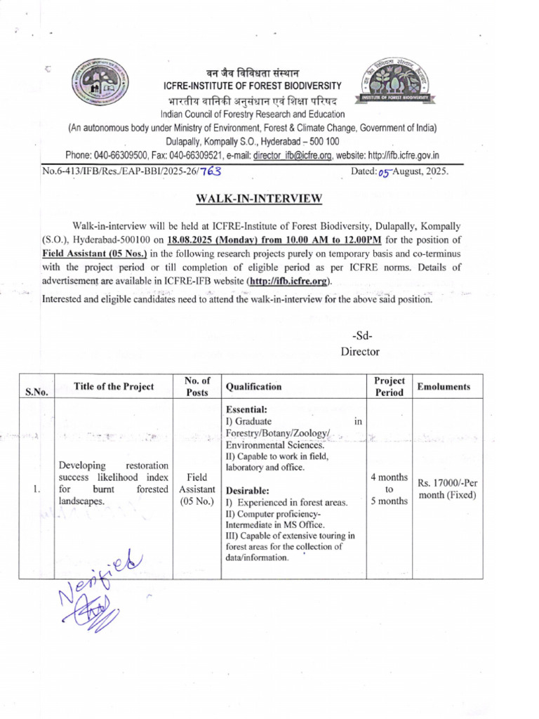 ICFRE Walk-in Interview for Field Assistants | PDF