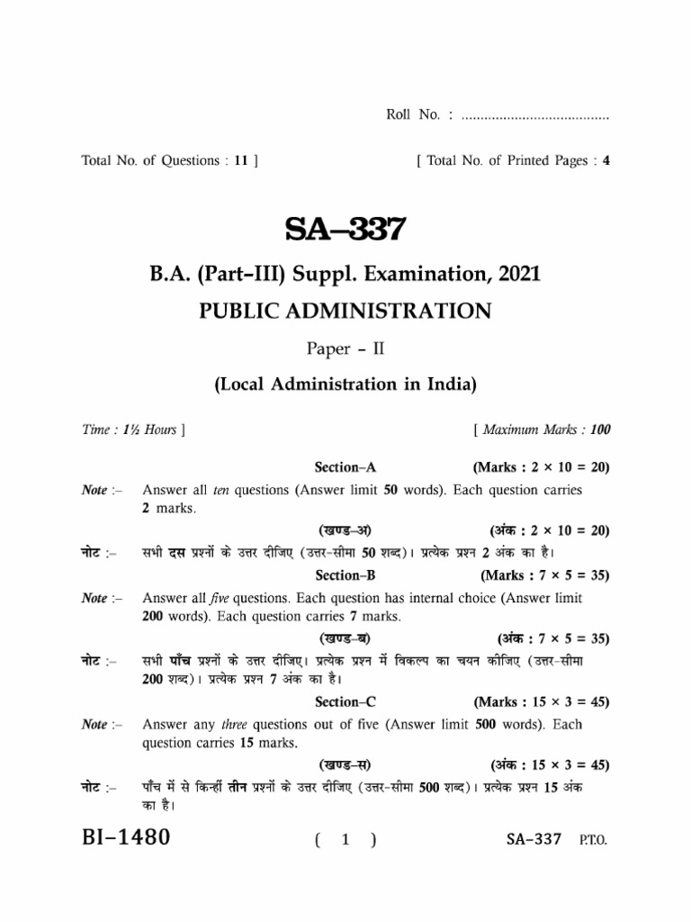 Ba Part 3 Public Administration p2 Local Administration in India Sa 337 ...