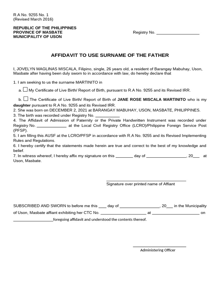 Affidavit to Use Father's Surname | PDF